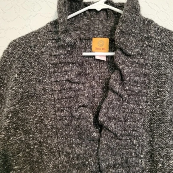 Ruby Rd. Gray Ruffled 3/4 Sleeve Open Front Cardigan Sweater Size Large - Picture 6 of 7